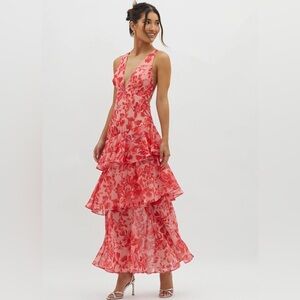 NWT Selfie Leslie Veda Strappy Back Ruffle Midi Dress Floral Red